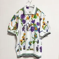 カラフル花柄ポロシャツ 【M】半袖 ホワイト