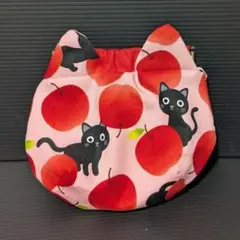 ネコ型バネ口ポーチ 黒猫りんご ピンク handmade