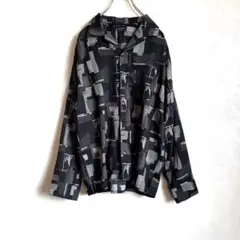 BACK NUMBER グラフィック　総柄　黒　長袖　シャツ　軽め　薄め