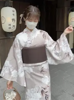 【新品】【匿名配送】水彩花柄浴衣セット　ピンクベージュ/ブラウンベージュ