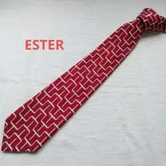 美品】エスターESTER ネクタイ 赤 幾何学模様 ポリエステル【n3410】