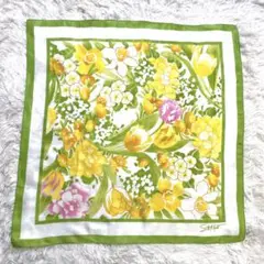 1点物　希少品　花柄スカーフ　バンダナ　緑　白　黄色　ボタニカル　植物　上品