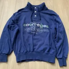 レトロ　courrèges ロゴ刺繍 ハイネックトレーナー ネイビー　M