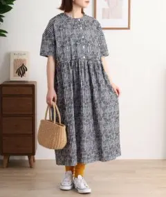 Emago コットンリネンレモンとオレンジ総柄刺繍ワンピース　ホワイト×ブラック