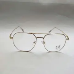 【新品】ツーブリッジ　ダブルブリッジ　多角形メガネ　メタル　ゴールド　度なし