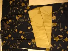 3点セット◆秋の着物こむさでもーど/黒地に桔梗柄の着物&絹/金色の反幅帯と半襟◆