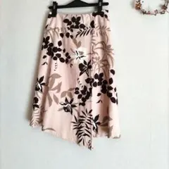 リネンスカート　ひざ下丈　ラップ風　アシンメトリック　くすみピンク