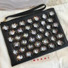 ☆美品☆マルニ クラッチバッグ マチ無し ビジュー ビーズ レザー
