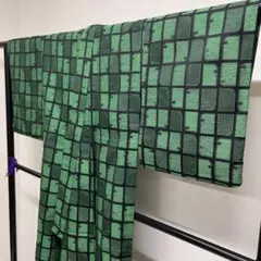 小紋　アンサンブル　ウール　単衣　抽象模様　緑　グリーン　着物　054t
