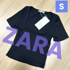 新品タグ付き ZARA スクエアネック リブトップス S ラウンドネック
