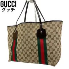 良品 GUCCI グッチ トートバッグ GG シェリーライン キャンバス レザー