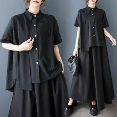 ブラック ブラウス おしゃれ度高め アシンメトリー 半袖 シンプル 通勤