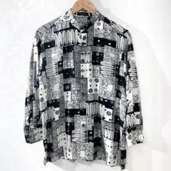 ヴィンテージ　総柄　ポリシャツ　長袖　ノーカラー　メンズ　フリーサイズ　古着