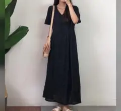 MAISON DE THERESE 半袖Vネックロングワンピース　ブラック