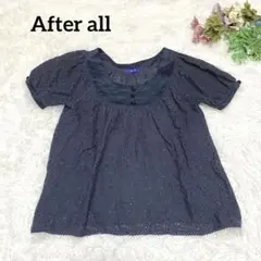 a.1598【アフターオール】半袖トップス 総レース 紺色 M フレア 透け感
