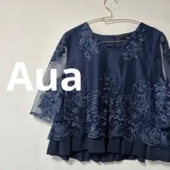 [Aua] ネイビー レース五分袖　ブラウス　シフォントップス