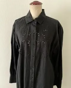 OUTERKNOWN刺繍入りリネン長袖シャツ 黒　アウターノーン