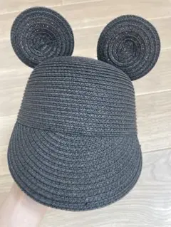 ミッキー耳付き ブラック麦わら帽子 約54cm