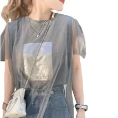 【mily bilet】チュール重ね着レイヤード風シルバー箔プリントTシャツ　L