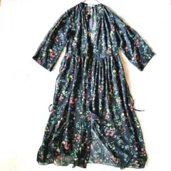GLOBAL WORK 花柄 シフォン　アウター　ロングカーディガン 黒　M