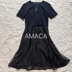 AMACA ダークネイビー ひざ丈ワンピース 半袖