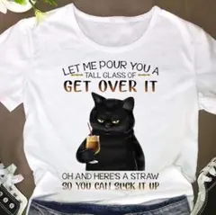 【人気】　猫　プリント　Tシャツ　カットソー　イラスト　2XL　ホワイト　④