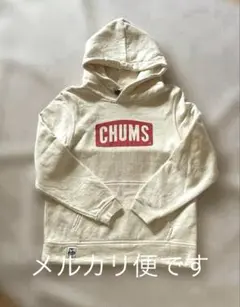 【使用感/中】CHUMS 大きなロゴの裏起毛フード付き生成り色　厚手パーカー