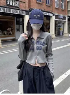 韓国風　長袖ポロミニタイトトップス★女子会や秋のお出かけに◎