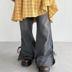オーバーダイリボンフレアデニム ダークグレー ブラック デザインパンツ