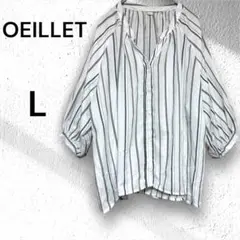 【ウイエOEILLET 】ストライプ 五分袖ブラウスシャツ ゆったりL
