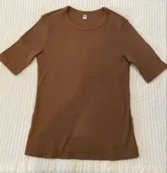 UNIQLO リブクルーネックTシャツ 五分袖 ブラウン Sサイズ