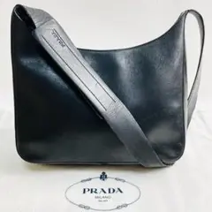 ●希少品●プラダ ワンショルダーバッグ ロゴ型押し 白タグ レザー ブラック