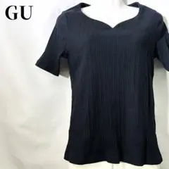 GU ハートネック リブトップス XL ブラック 半袖 カットソー コットン混