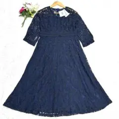 ✨新品未使用 タグ付き✨ XL ワンピース 洗濯可 総レース ロング ネイビー