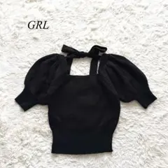 【グレイル】バックリボンスクエアネックニットトップス　パフスリーブ　黒　F