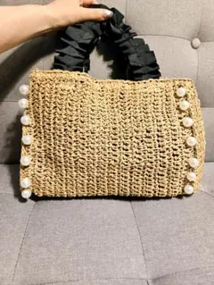 ストローバック　パール付き　かごバッグ