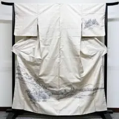 田舎風景が描かれた白大島紬の訪問着 紋無し 着物
