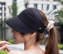 ポニーテール 帽子 UVカット マスクフック付き ブラック 深め UVカット