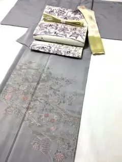 汕頭刺繍の訪問着 灰紫色 正絹 一つ紋 特別価格❣️