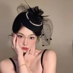 トーク帽 ヘッドドレス ブラック 黒 カクテル帽子 髪飾り 結婚式 ヘアアクセ