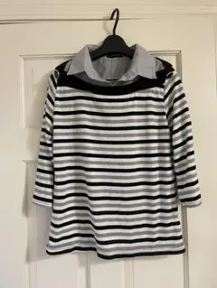 LACIFONELLI ニットシャツ　 7部袖　ボーダー柄　ブラック　LLサイズ