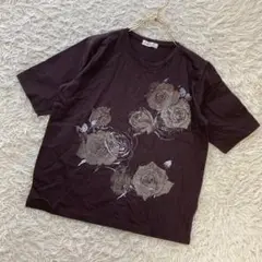 LLyabacot バラプリントTシャツ ブラウン M-L オシャレ ラメ