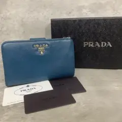 美品✨ プラダ 折り財布 L字ファスナー サフィアーノレザー 青 金ロゴ