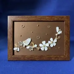 シーグラスアート　輝　純白の花と小鳥