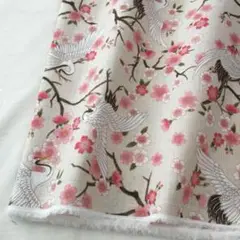 (1点限定) 綿100%国産プリント/グレー系オフホワイト/鶴/2m
