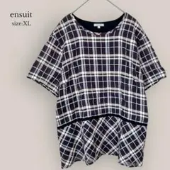 エンスウィート ensuite 半袖ブラウス　Uネック　チェック　大きいサイズ