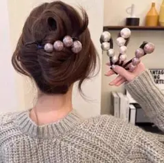 ブラウン 大粒パールヘアクリップ バンスクリップ 髪留め
