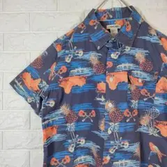 総柄 アロハシャツ パイナップル ウクレレ XL ネイビー