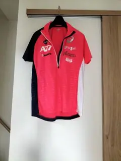 asics アシックス A77 ハーフジップTシャツ Mピンクレッド×ネイビー