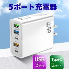 USB Type-C 充電器 コンセント 白色 5ポート 65W